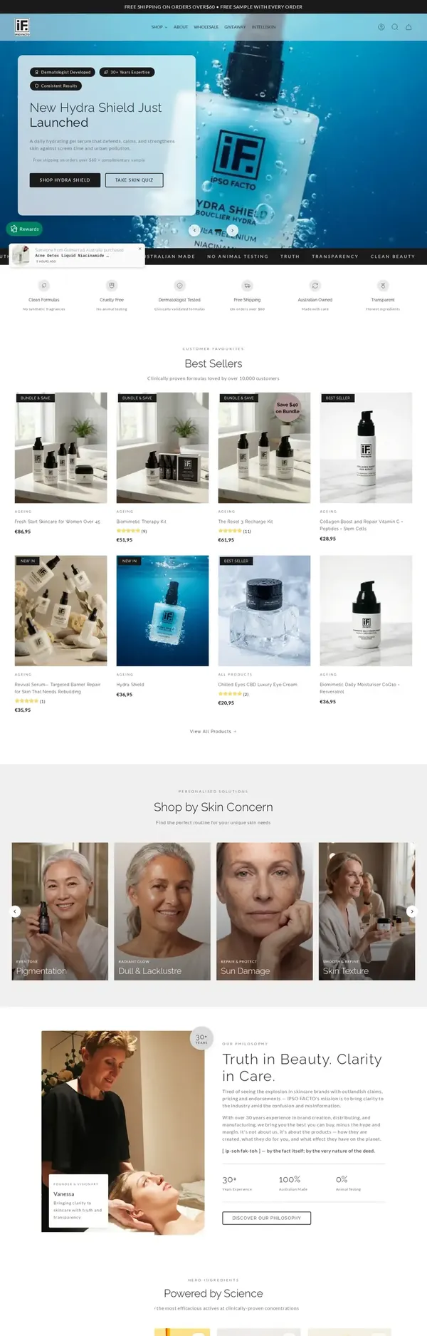 Australian Skincare Brand website designed by Elinix AI